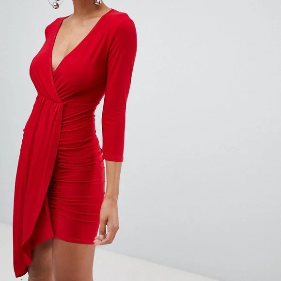 CLUB L LONDON Red Wrap Plunge Draped Dress